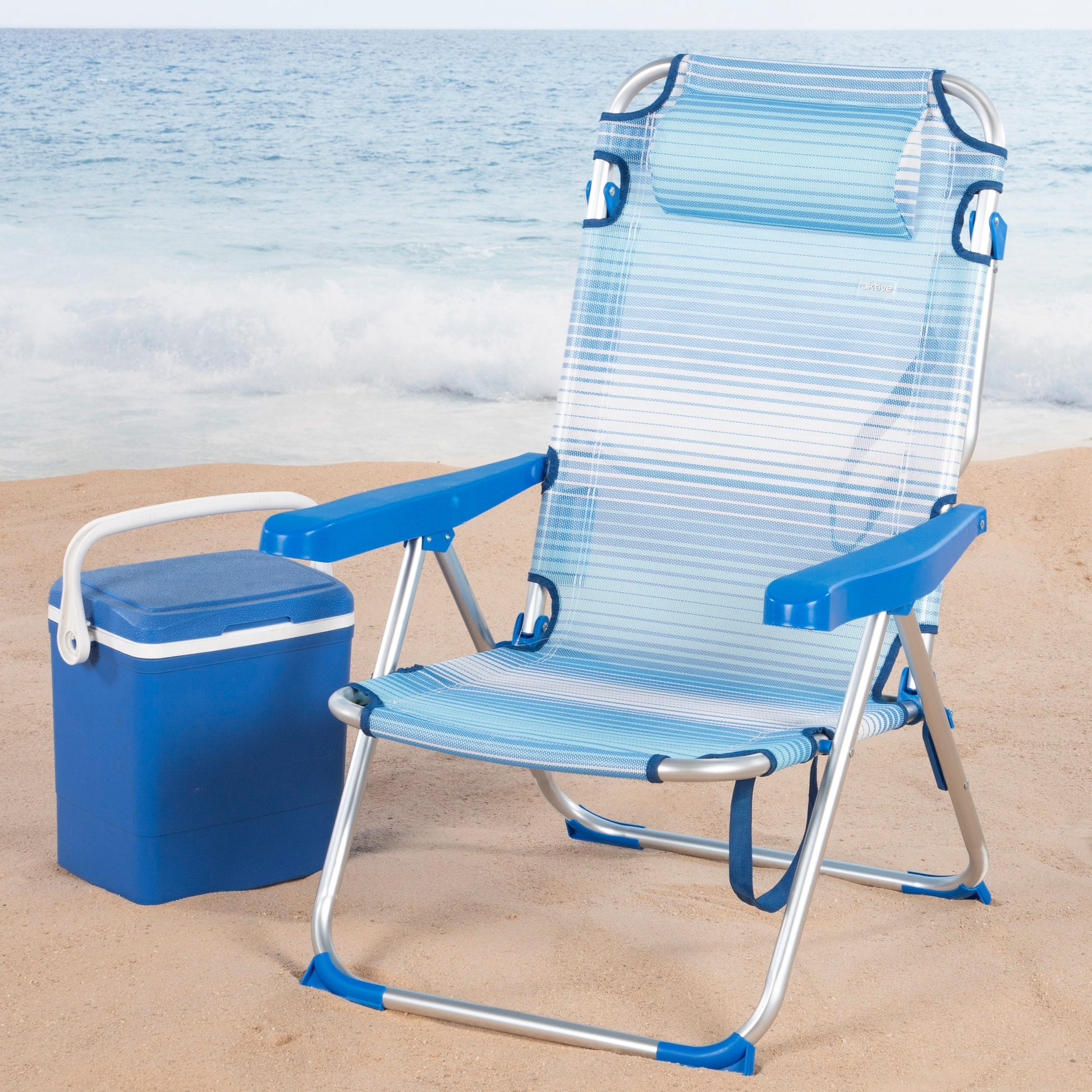 Aktive Pack 2 Sillas Plegables Playa 48x60x90 Cm Rayas Azul 5 Posiciones Con Cojín Y Asa_1