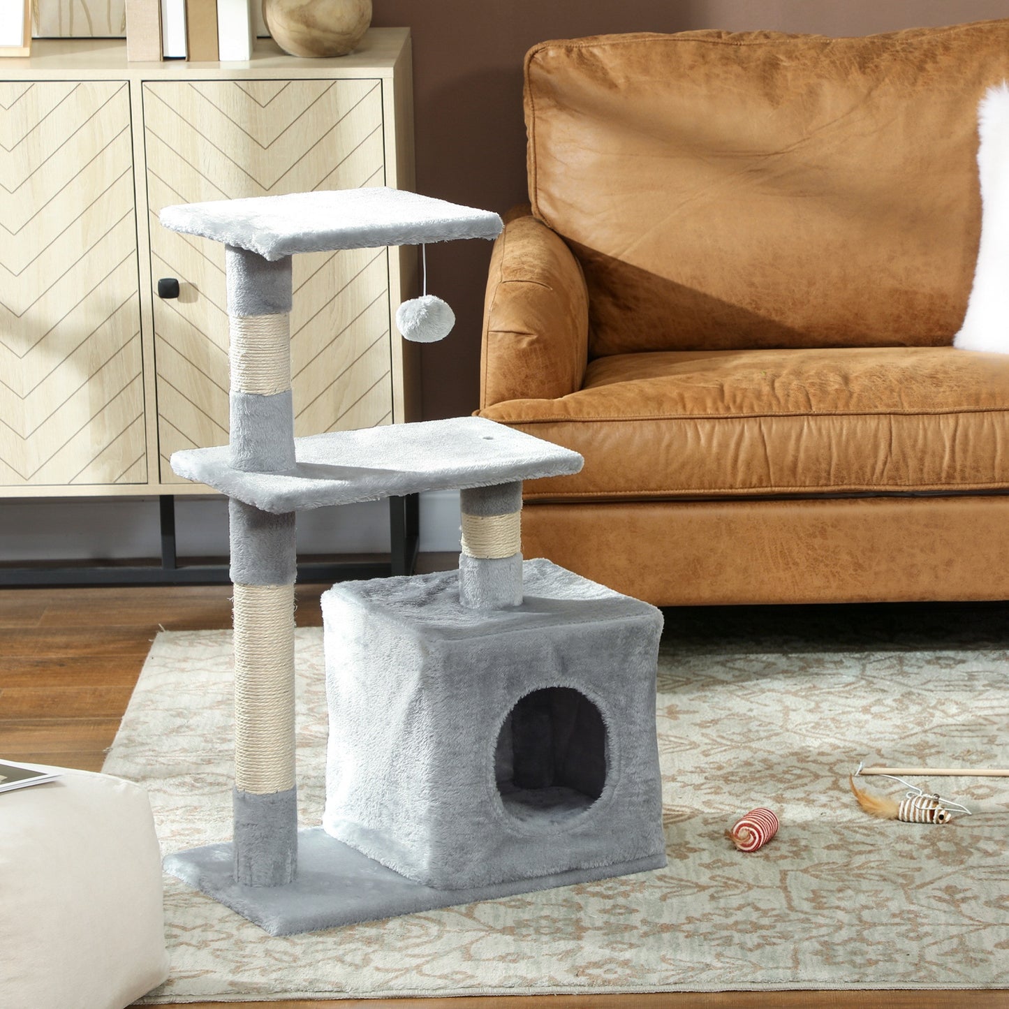 Pawhut Árbol Rascador Para Gatos Con Postes Plataformas Caja Bola Colgante Gris_1