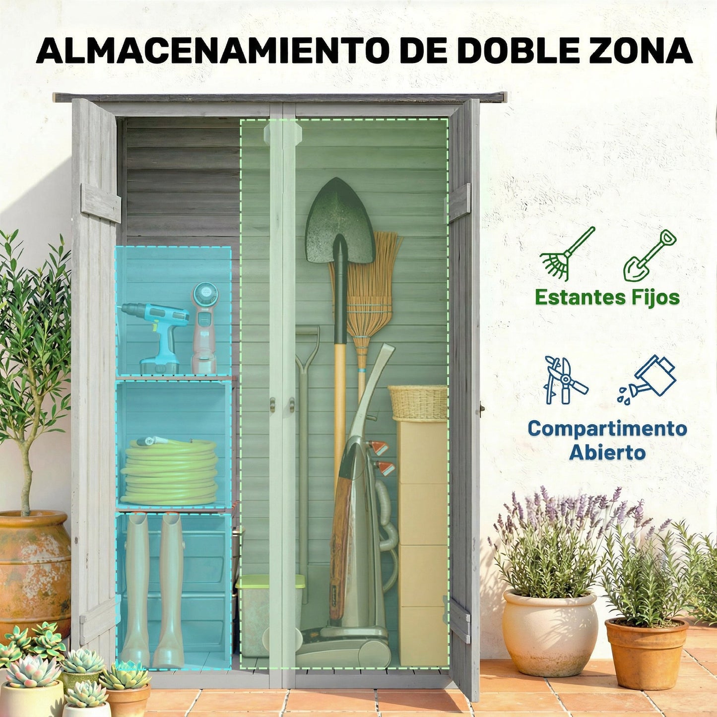 Outsunny Caseta De Jardín De Madera 115x53x156 Cm Con 2 Estantes Y 2 Puertas_3