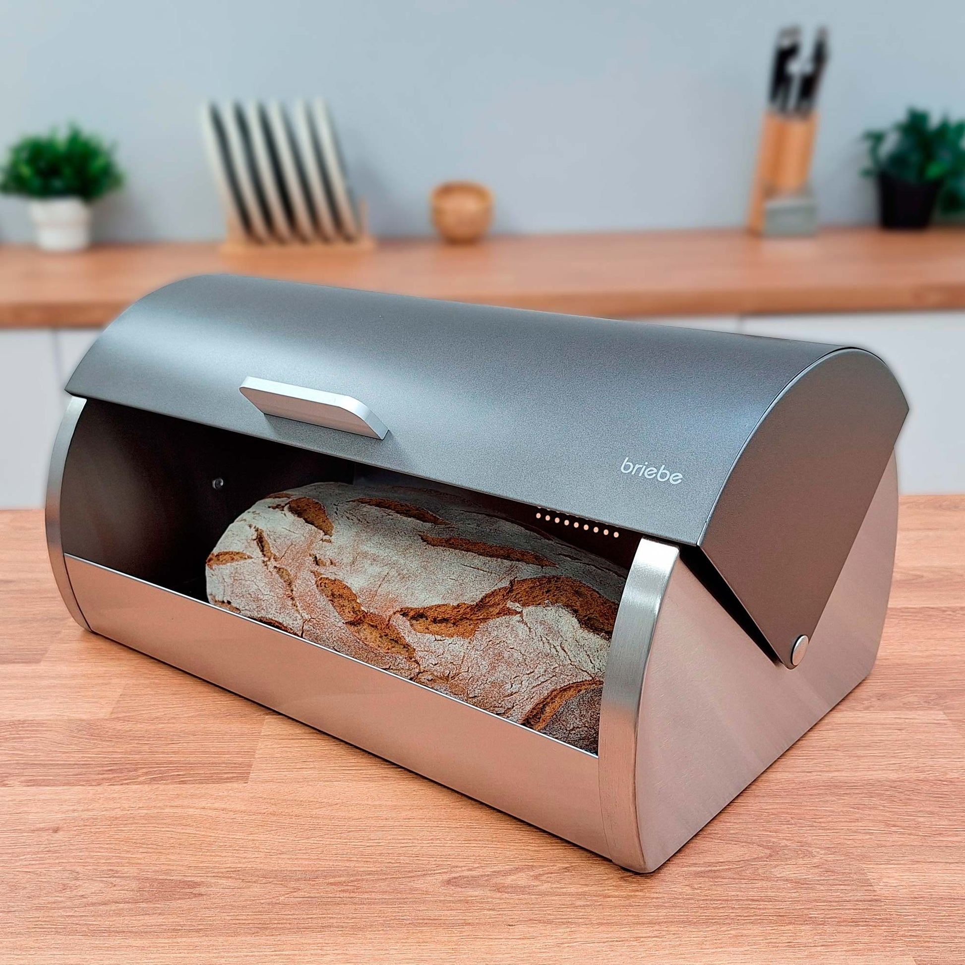 Panera De Mesa +juego 3 Botes Cocina Almacenaje Acero Inoxidable Contenedor De Pan Con Tapa, Briebe, Bb1161, Gris