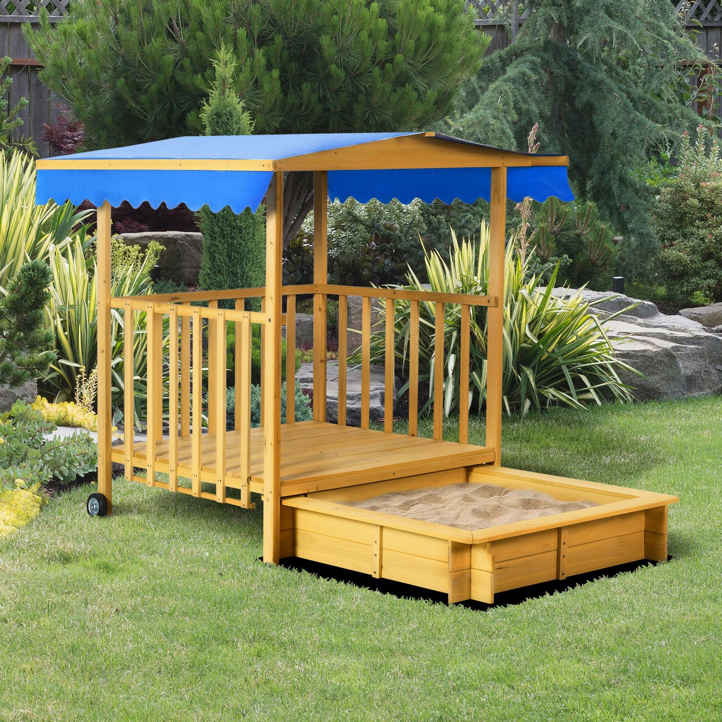 Outsunny Arenero Para Niños Veranda De Madera Con Techo 133x129x137,5 Cm Natural_1