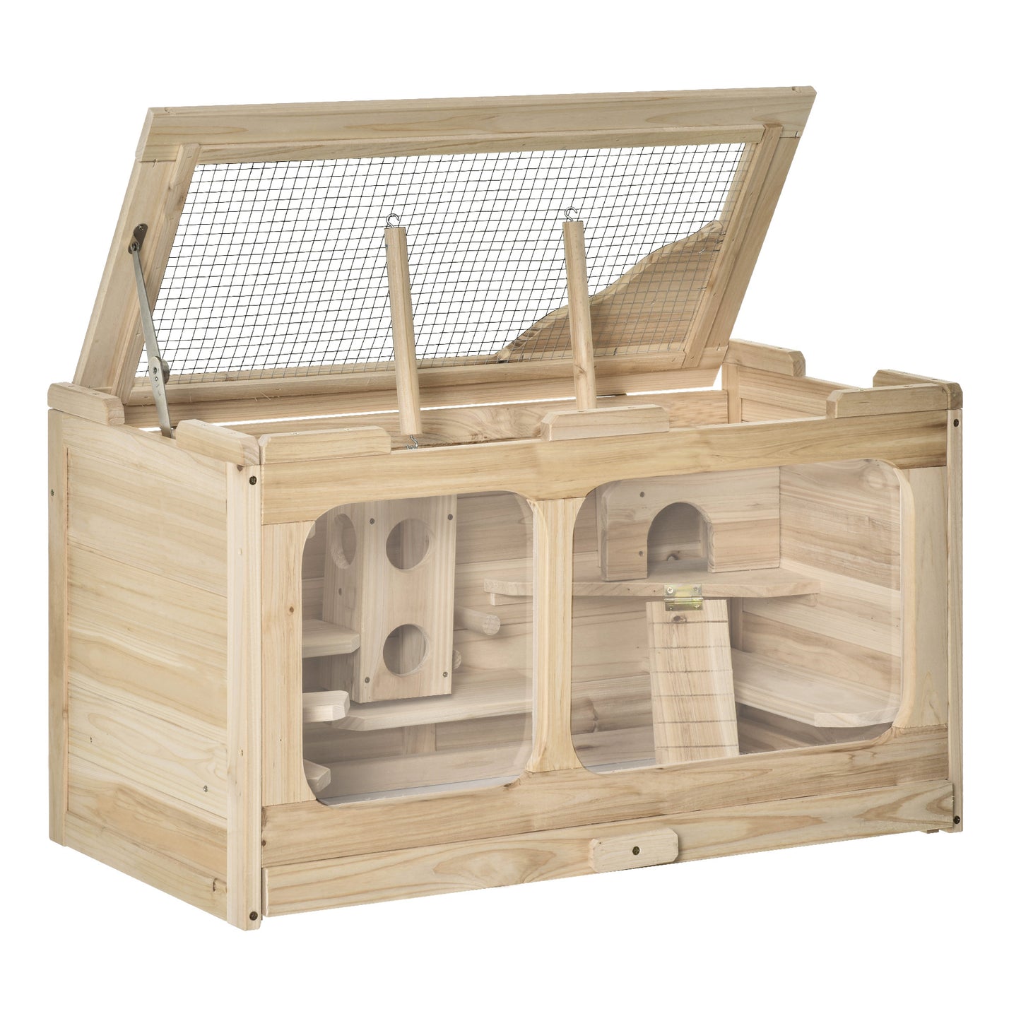 Pawhut Jaula De Madera Para Hámster Ratones Con 2 Escondites Techo Abatible_0