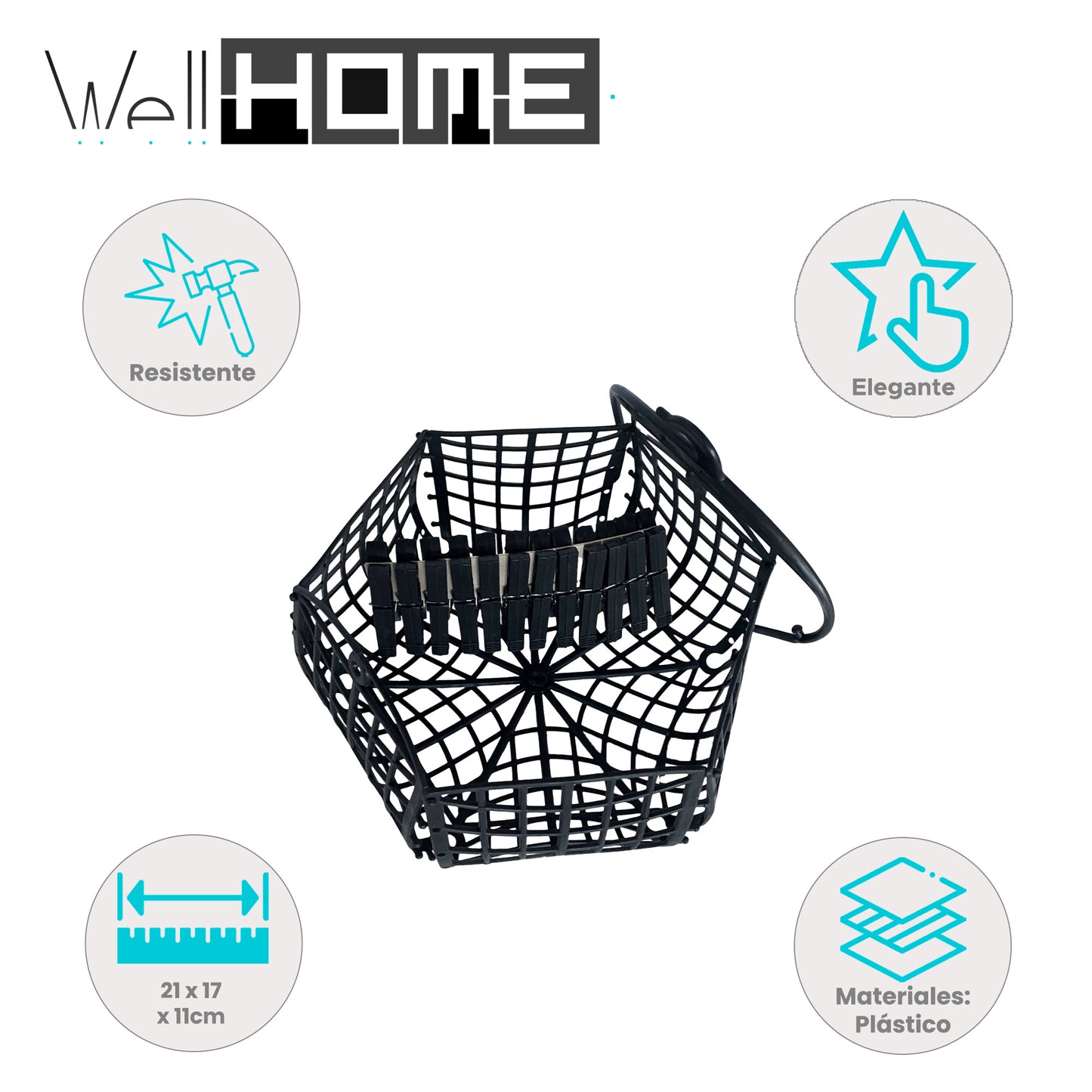 Conjunto Cesto Plástico Negro + Pinzas Well Home_1