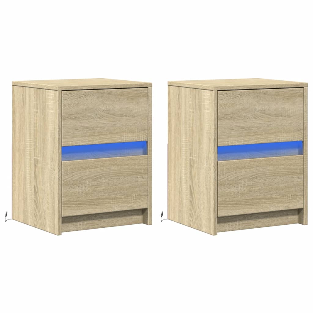 Mesitas De Noche Luces Led 2 Uds Madera Ingeniería Roble Sonoma_1