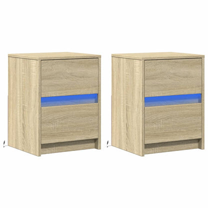 Mesitas De Noche Luces Led 2 Uds Madera Ingeniería Roble Sonoma_1