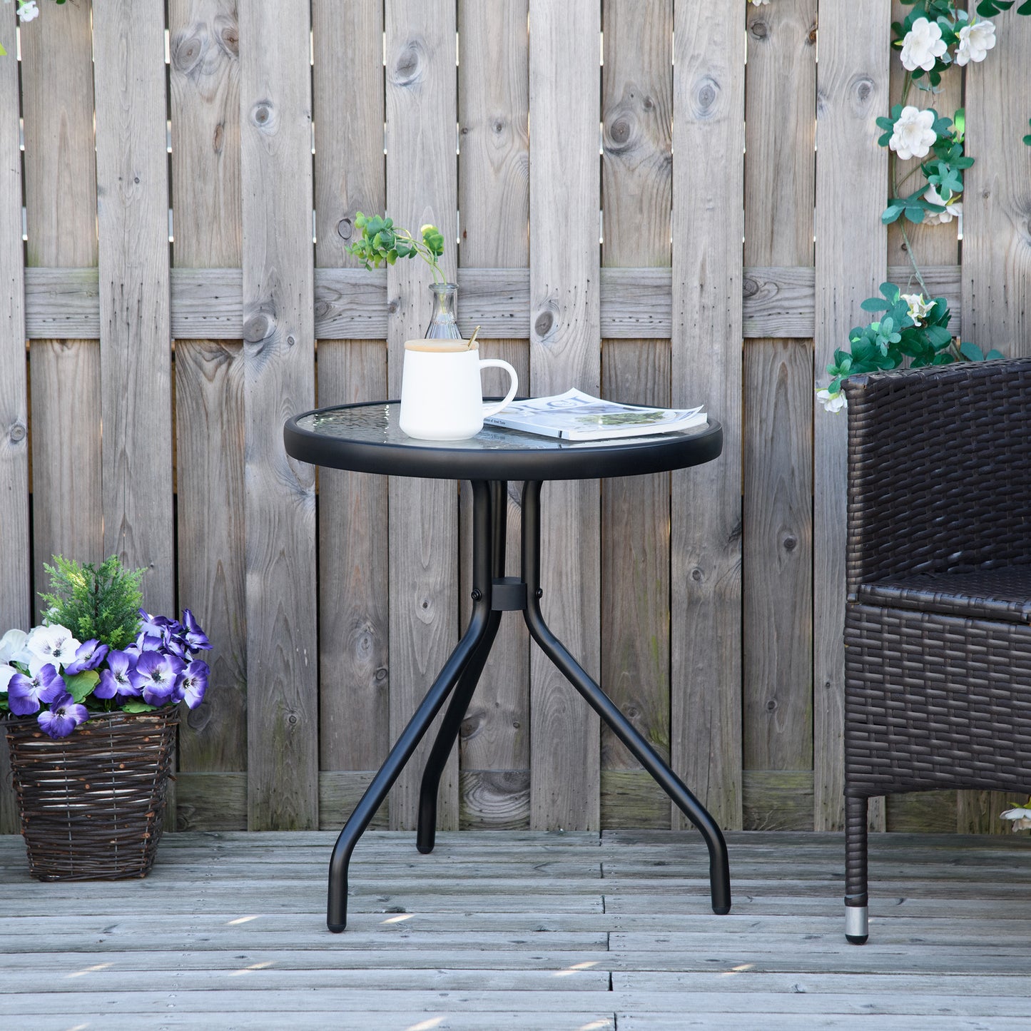 Outsunny Mesa Jardín Redonda Con Tablero De Cristal Para Terraza Ø50x55 Cm Negro_1