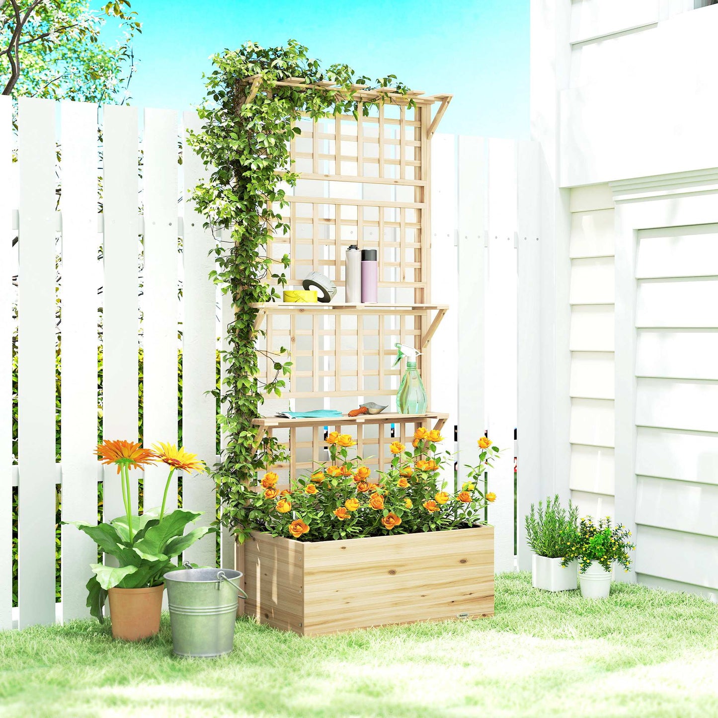 Outsunny Jardinera Con Enrejado Y Techo De Madera Con 2 Estantes Natural_4