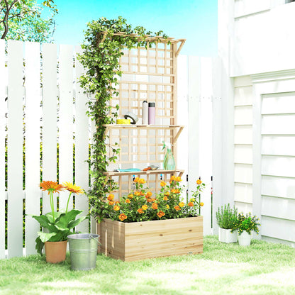 Outsunny Jardinera Con Enrejado Y Techo De Madera Con 2 Estantes Natural_4