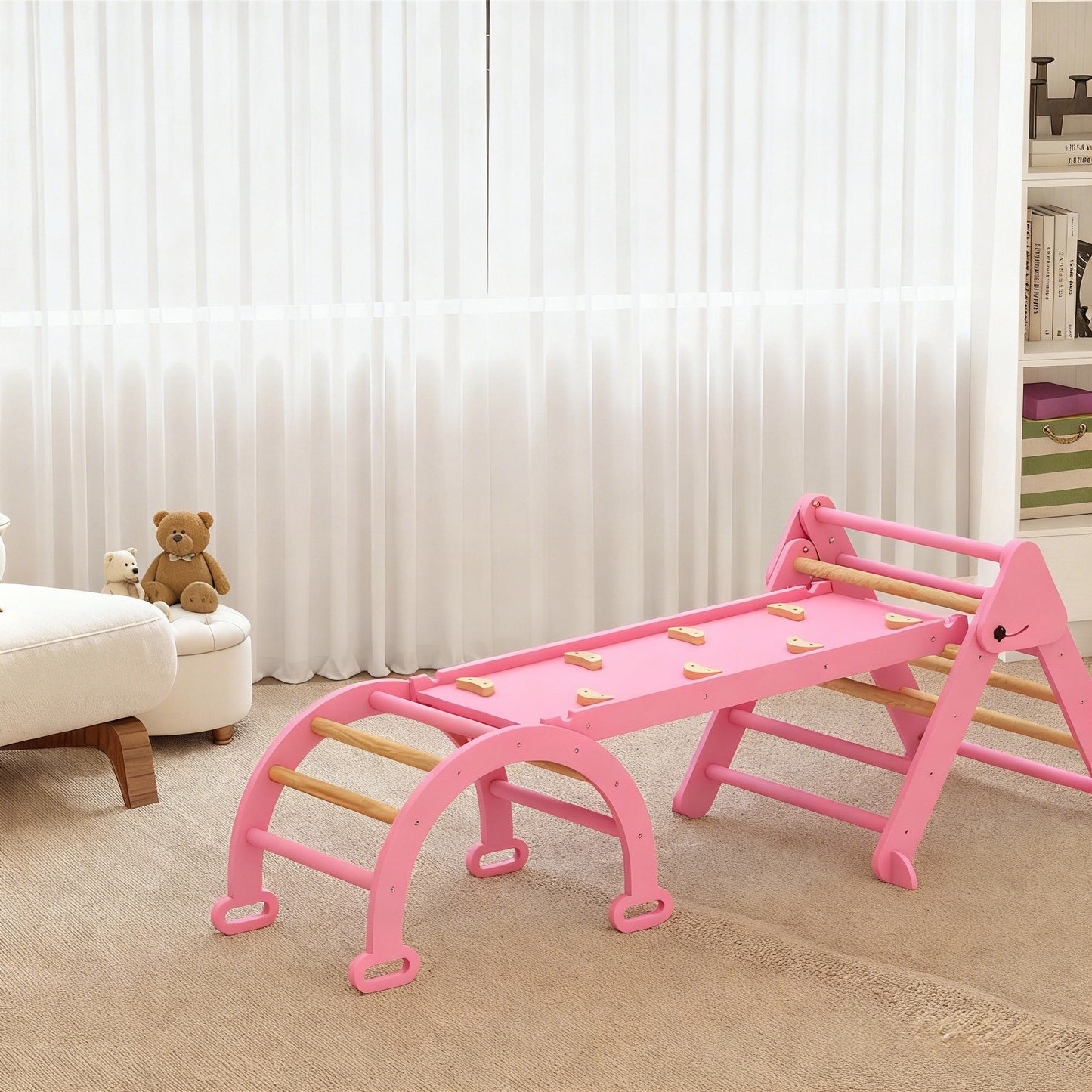 Aiyaplay 7 En 1 Triángulo De Escalada Montessori Con Arco Y Rampa 188x70 Cm Rosa_3