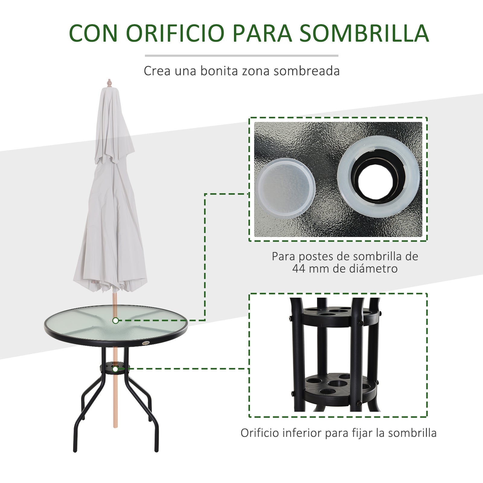 Outsunny Mesa De Jardín Redonda De Cristal Con Agujero Para Sombrilla Ø80x72 Cm_3