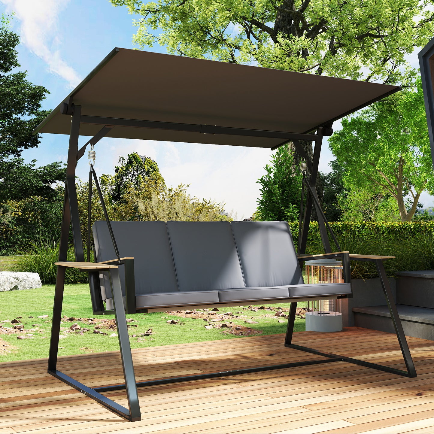 Outsunny Columpio De Jardín Exterior De 3 Plazas Con Techo Ajustable 2 Bandejas_3