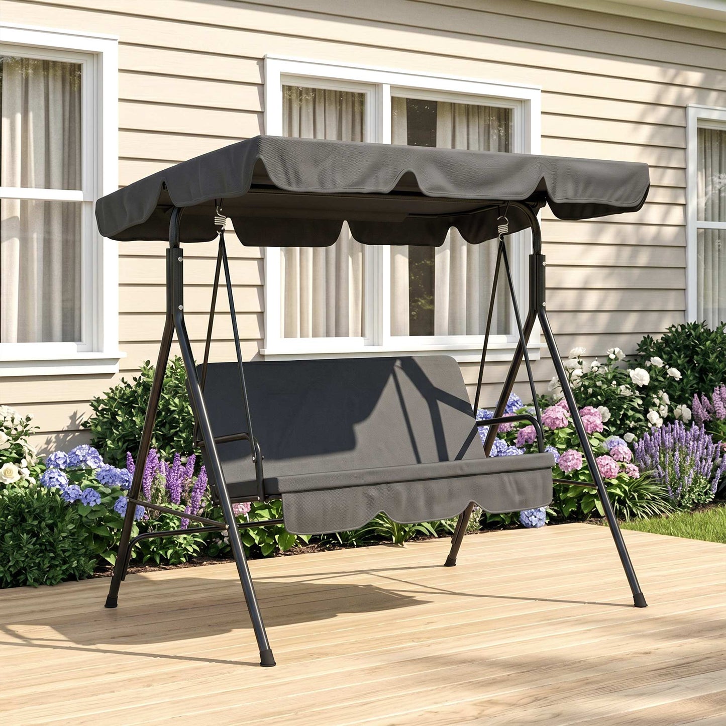 Outsunny Columpio De Jardín De 3 Plazas Con Techo Ajustable 172x110x153cm Negro_4