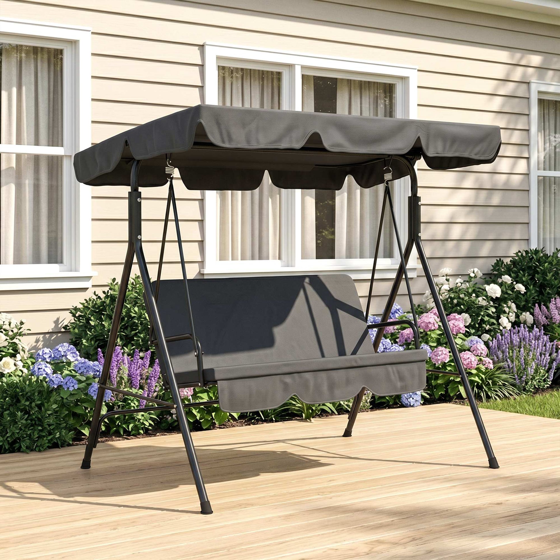 Outsunny Columpio De Jardín De 3 Plazas Con Techo Ajustable 172x110x153cm Negro_4