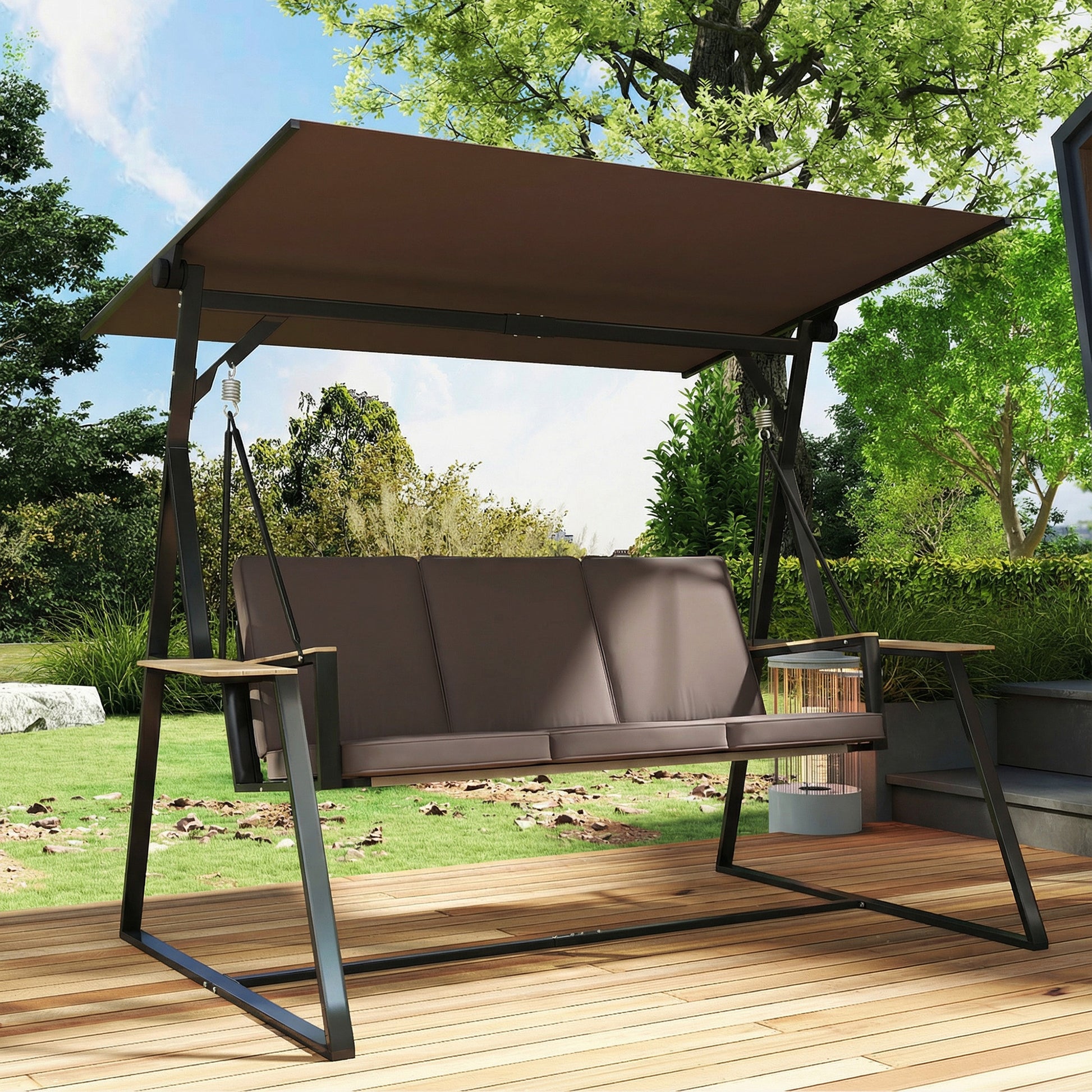 Outsunny Columpio De Jardín Exterior De 3 Plazas Con Techo Ajustable 2 Bandejas_3