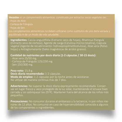 Vecoslax Vecos 30 Cápsulas | Regulación Del Tránsito Intestinal Y Alivio Del Estreñimiento Ocasional | Sen Y Frángula_4