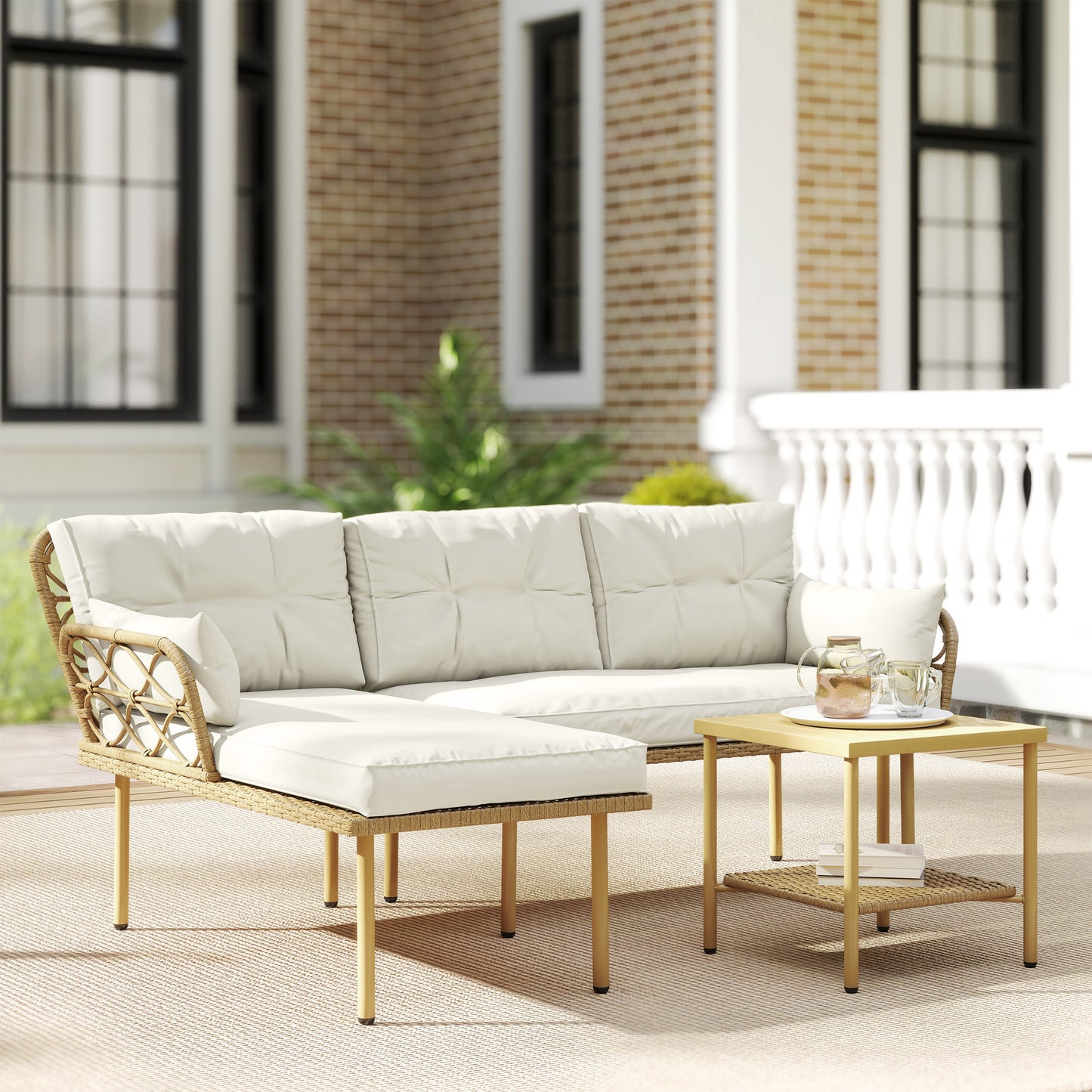Outsunny Conjunto De Jardín De Ratán Sintético De 3 Piezas Natural Y Crema_4