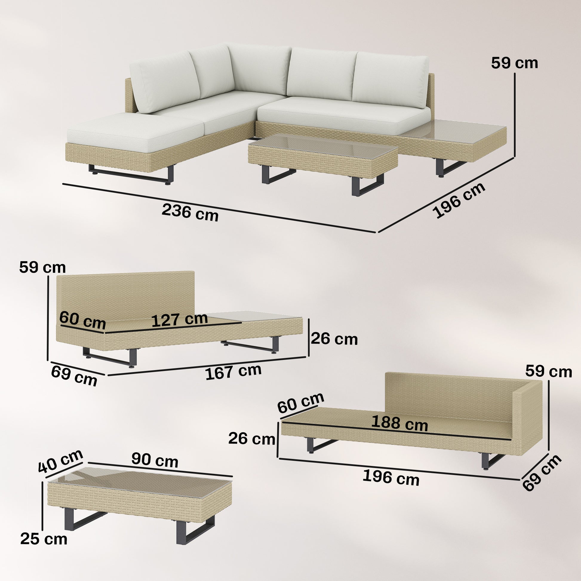Outsunny Conjunto Muebles Jardín Exterior De Ratán De 3 Piezas Cojines Beige_2