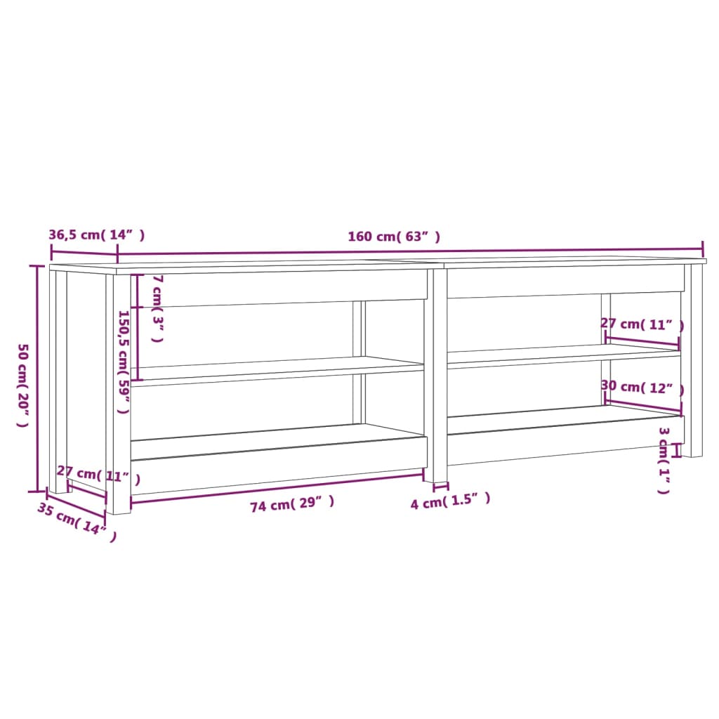 Banco Zapatero De Madera Maciza De Pino Negro 160x36,5x50 Cm / Vetonek_5