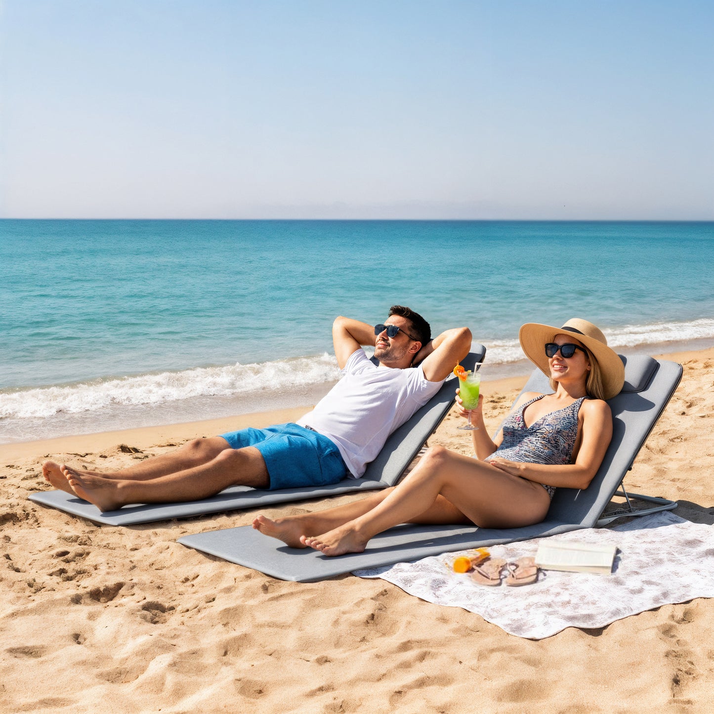 Outsunny Conjunto De 2 Esterillas De Playa Plegable 134x48x33-43 Cm Gris_1