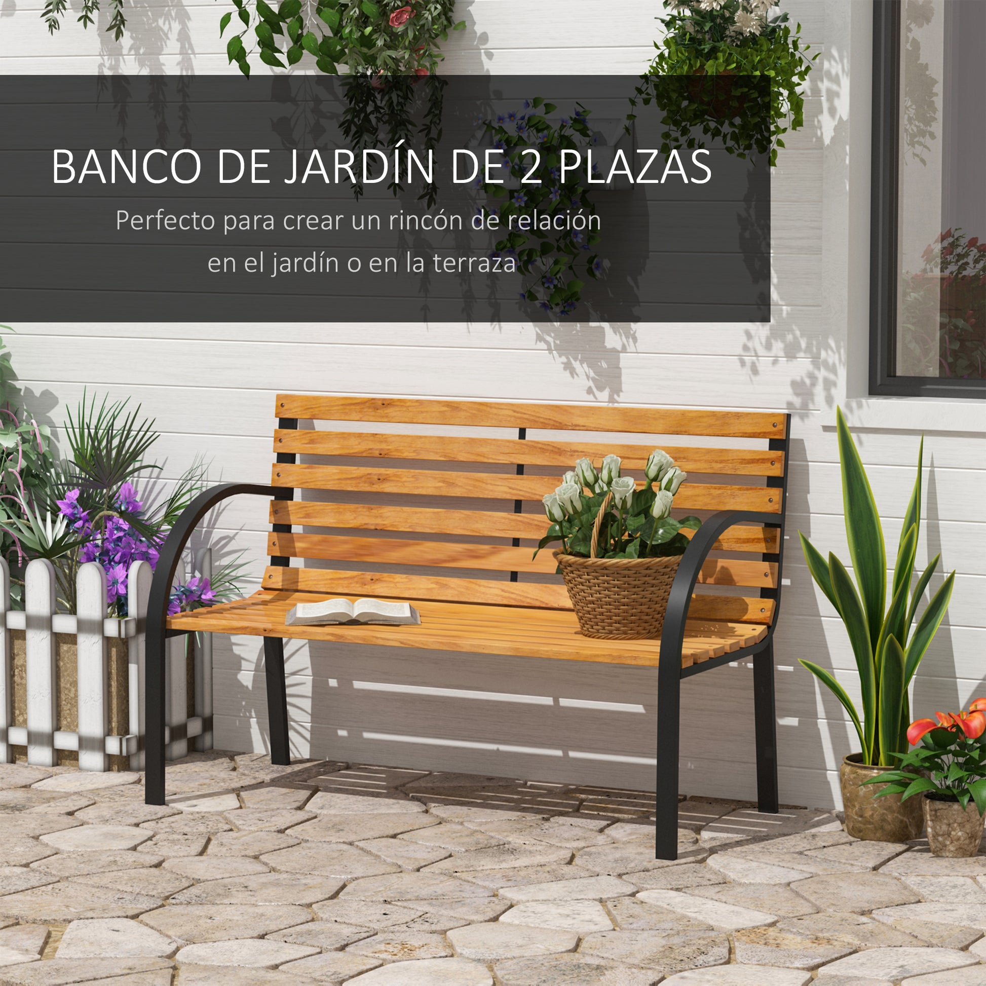 Outsunny Banco De Jardín De 2 Plazas 122x60x83 Cm Con Respaldo Y Apoyabrazos_4