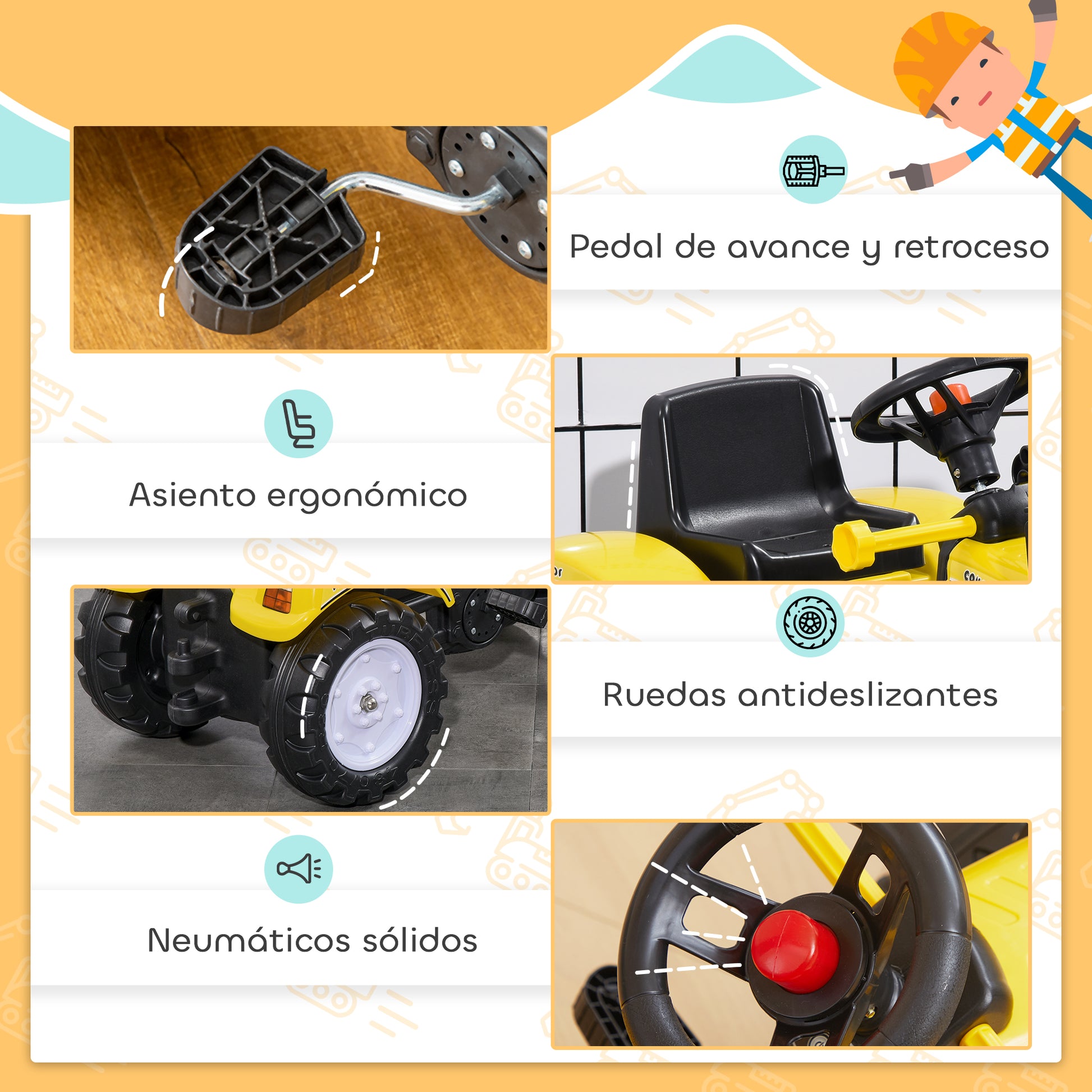 Homcom Tractor A Pedales Para Niños 3 Años Pala Delantera 114x41x52 Cm Amarillo_4