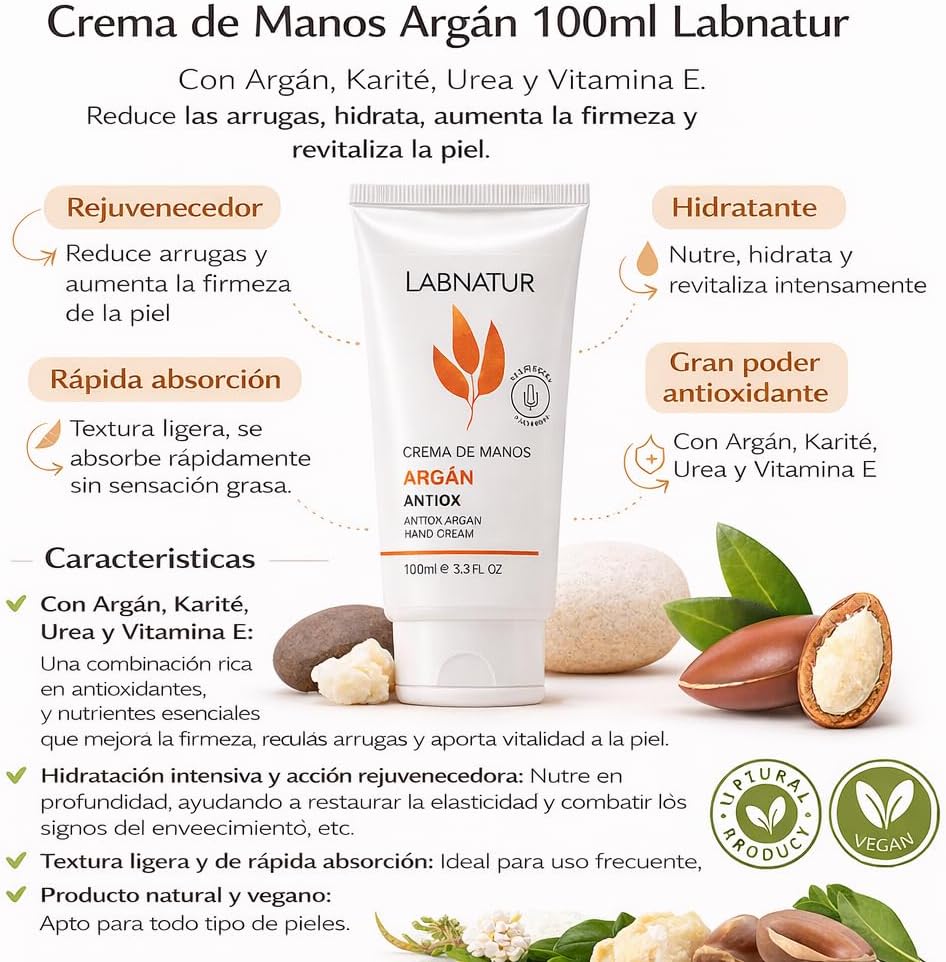 Crema de Manos de Argán Labnatur 100 ml | Karité, Urea y Vitamina E | Hidratación y Acción Antioxidante | Vegano_3