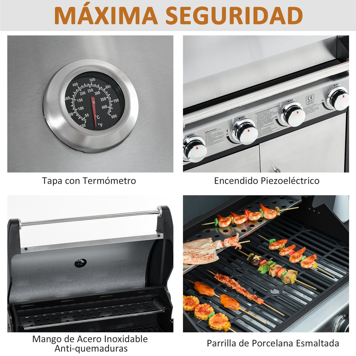 Outsunny Barbacoa De Gas Con 4+1 Quemadores 15,2 Kw Termómetro 2 Mesas Y Armario_5