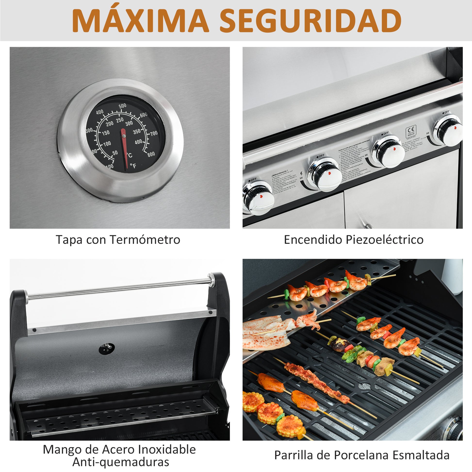 Outsunny Barbacoa De Gas Con 4+1 Quemadores 15,2 Kw Termómetro 2 Mesas Y Armario_5