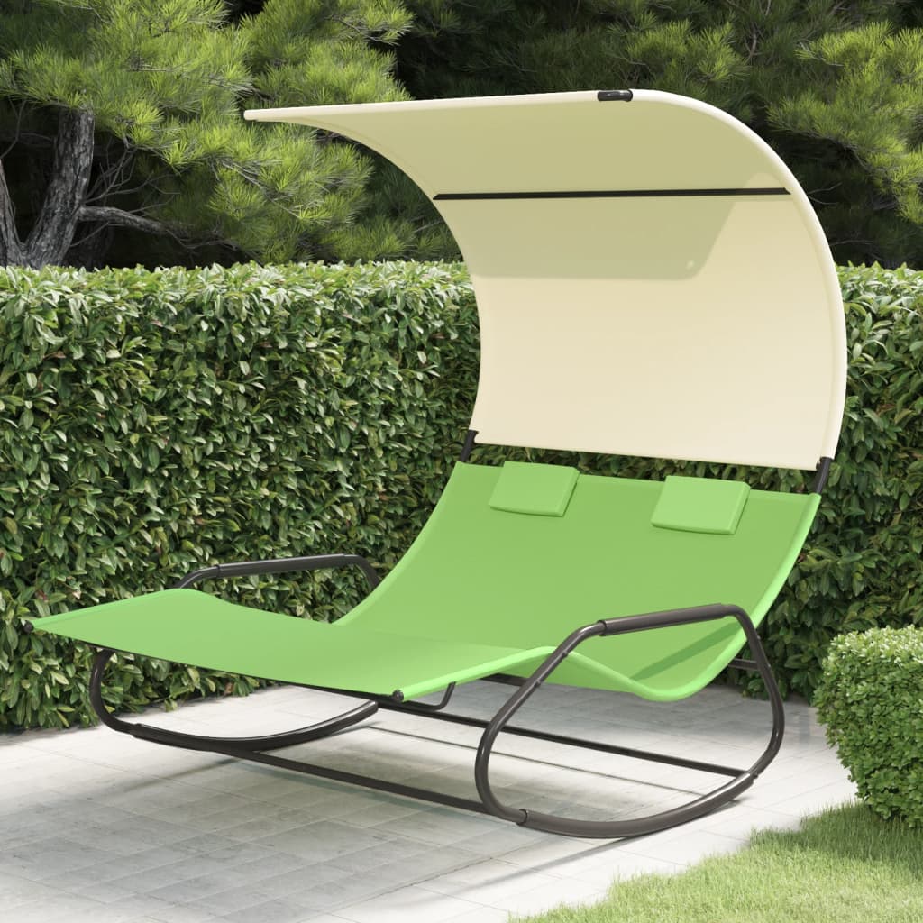 Tumbona Mecedora Doble Con Toldo Verde Y Crema_1