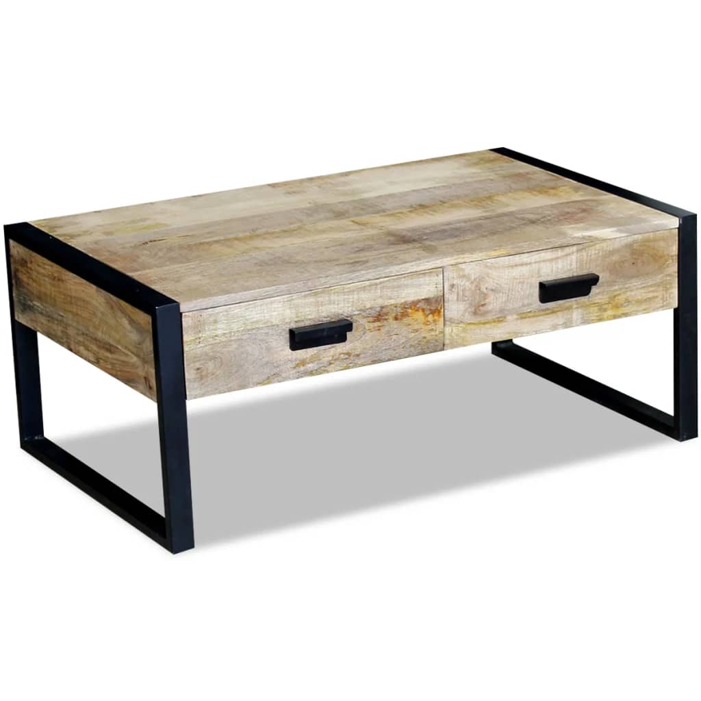 Mesa De Centro Con 2 Cajones Madera Maciza Mango 100x60x40 Cm_1