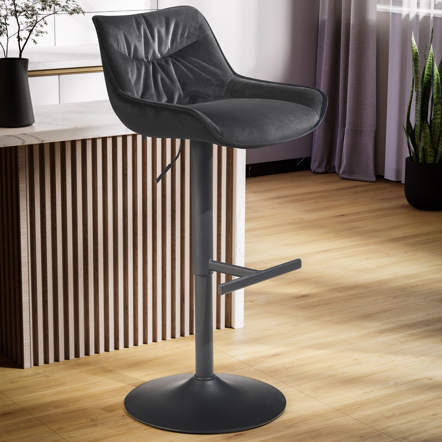 Taburete De Bar Terciopelo Negro Con Respaldo 86 - 106 Cm_1