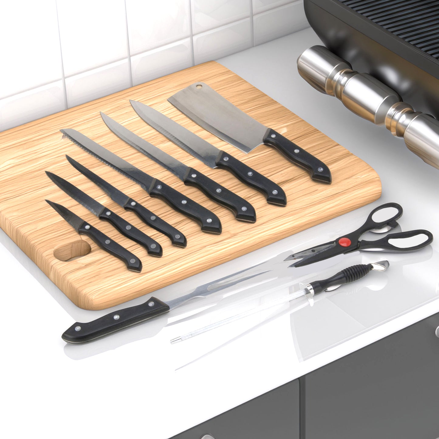 Well Home Set De Cuchillos De 11 Piezas Con Cubierta De Acetato Y Tabla De Madera - Ideal Para Tu Cocina_2