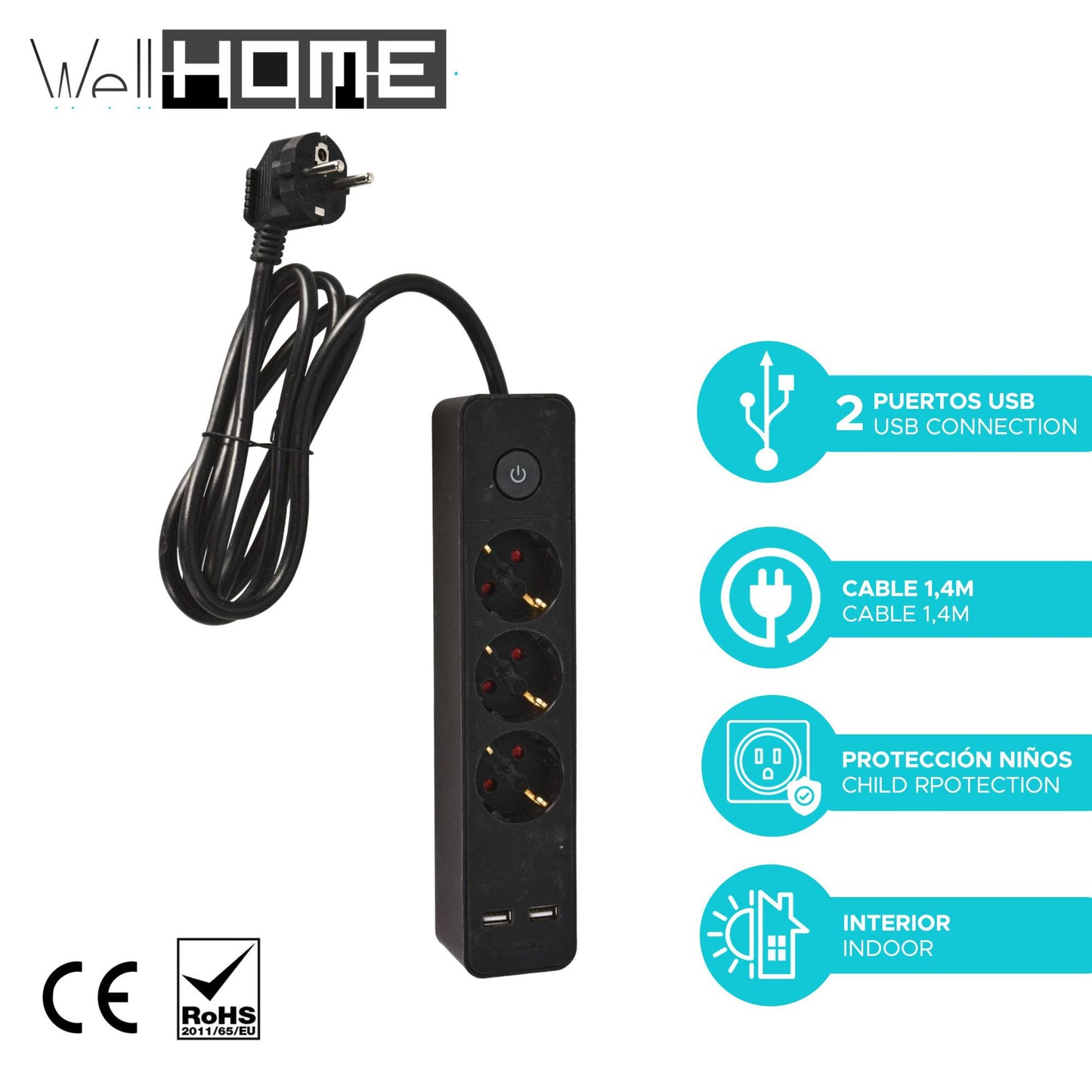 Well Home Regleta De 3 Vías Color Negro Con Protección Para Niños, Con Interruptor Encendido/apagado , Cable 140cm_1