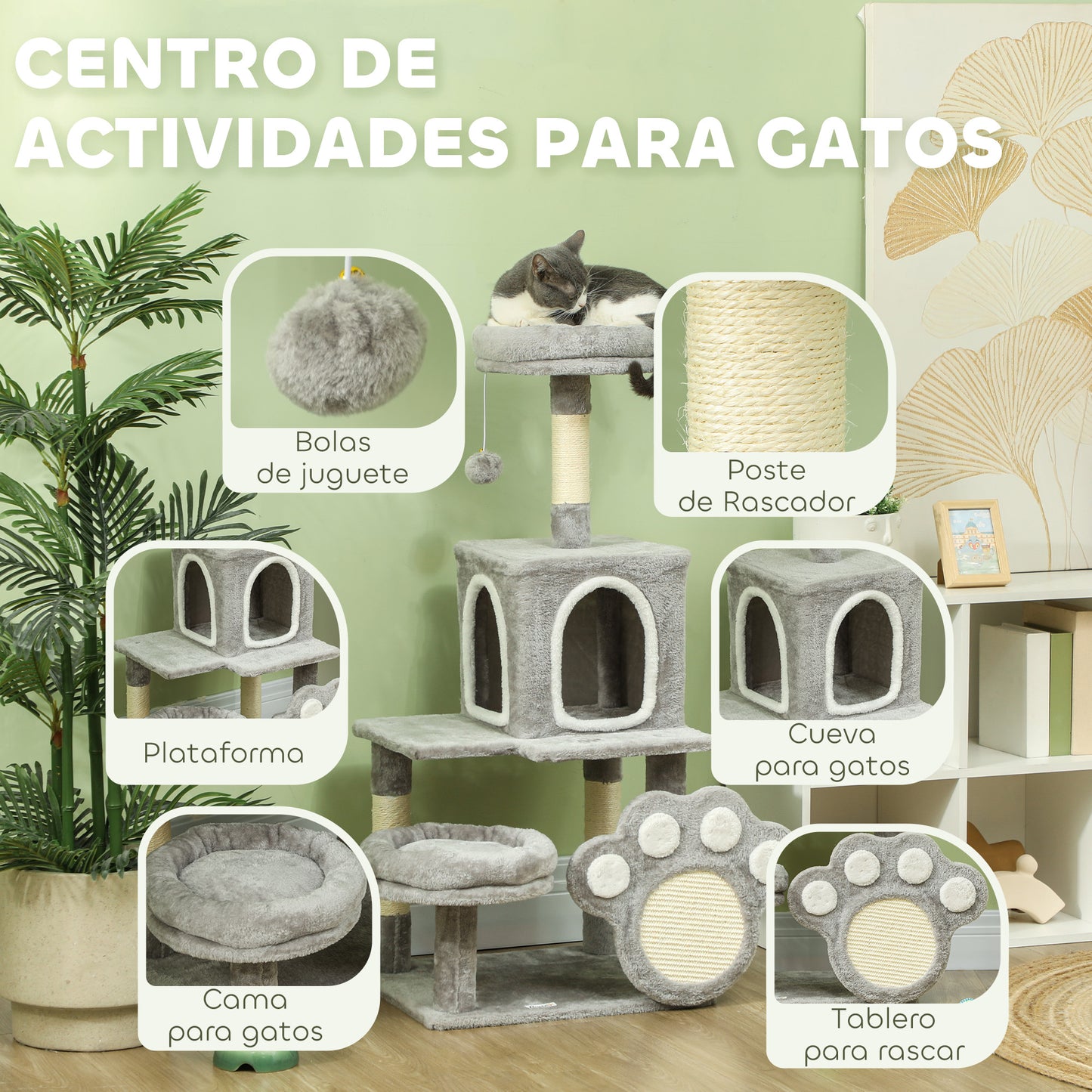 Pawhut Árbol Rascador Para Gatos 110 Cm Con Almohadilla De Rascado Gris Claro_4