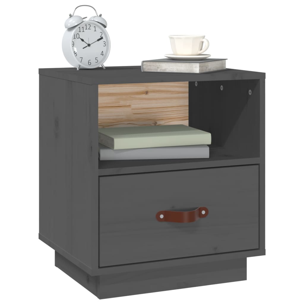 Mesita De Noche Madera Maciza De Pino Gris 40x34x45 Cm_2