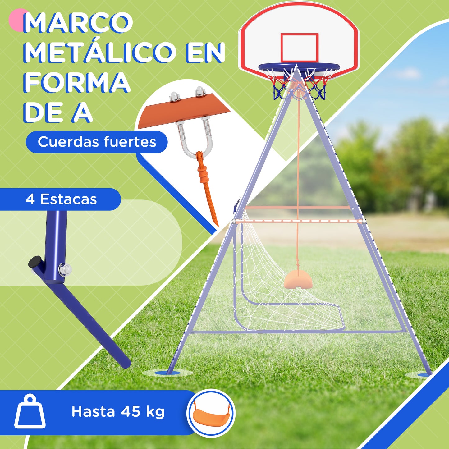 Outsunny Columpio Infantil 3 En 1 Con Canasta Y Portería De Fútbol Multicolor_5