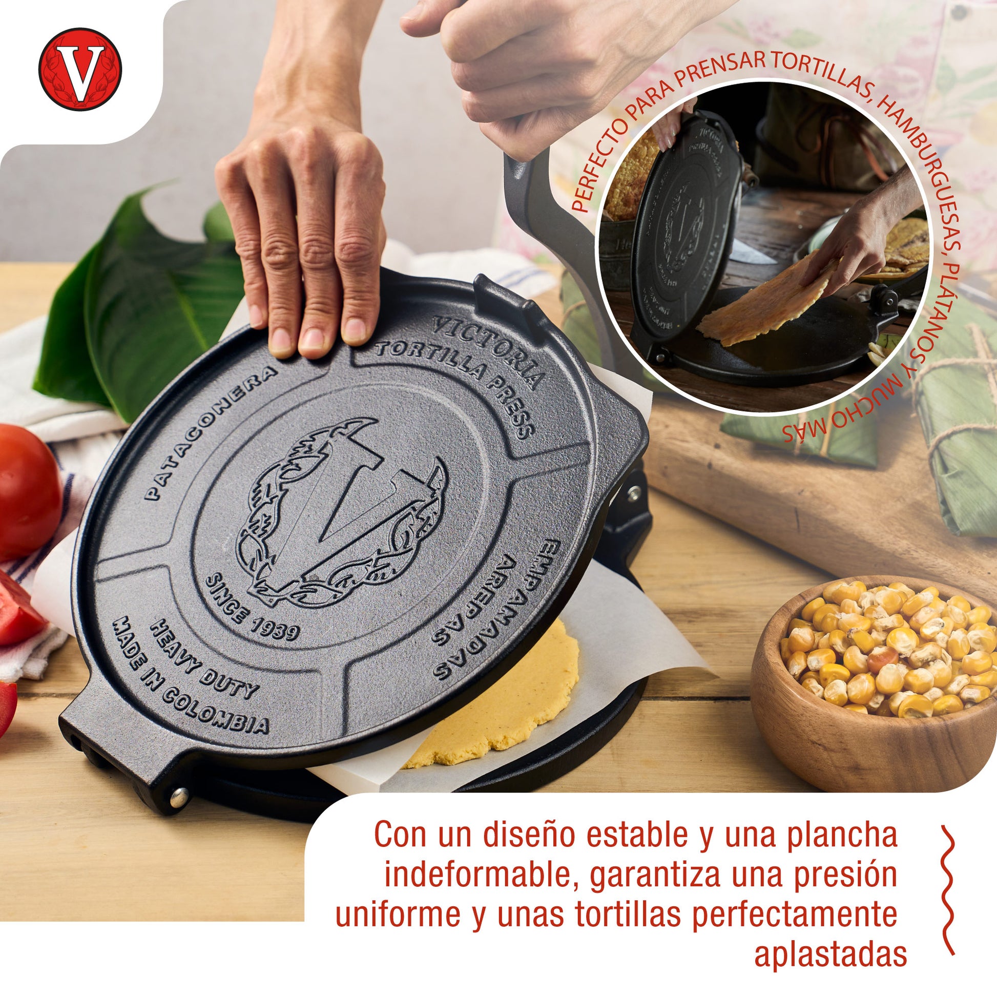 Victoria Prensa Tortillera Para Tortillas Mexicanas Hierro Fundido Hd Curado 25cm, Pataconera Colombiana, 39318, Negro_2