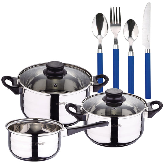 Pack Batería De Cocina 5 Piezas + Set De Cubertería 24pc En Acero Inoxidable_0
