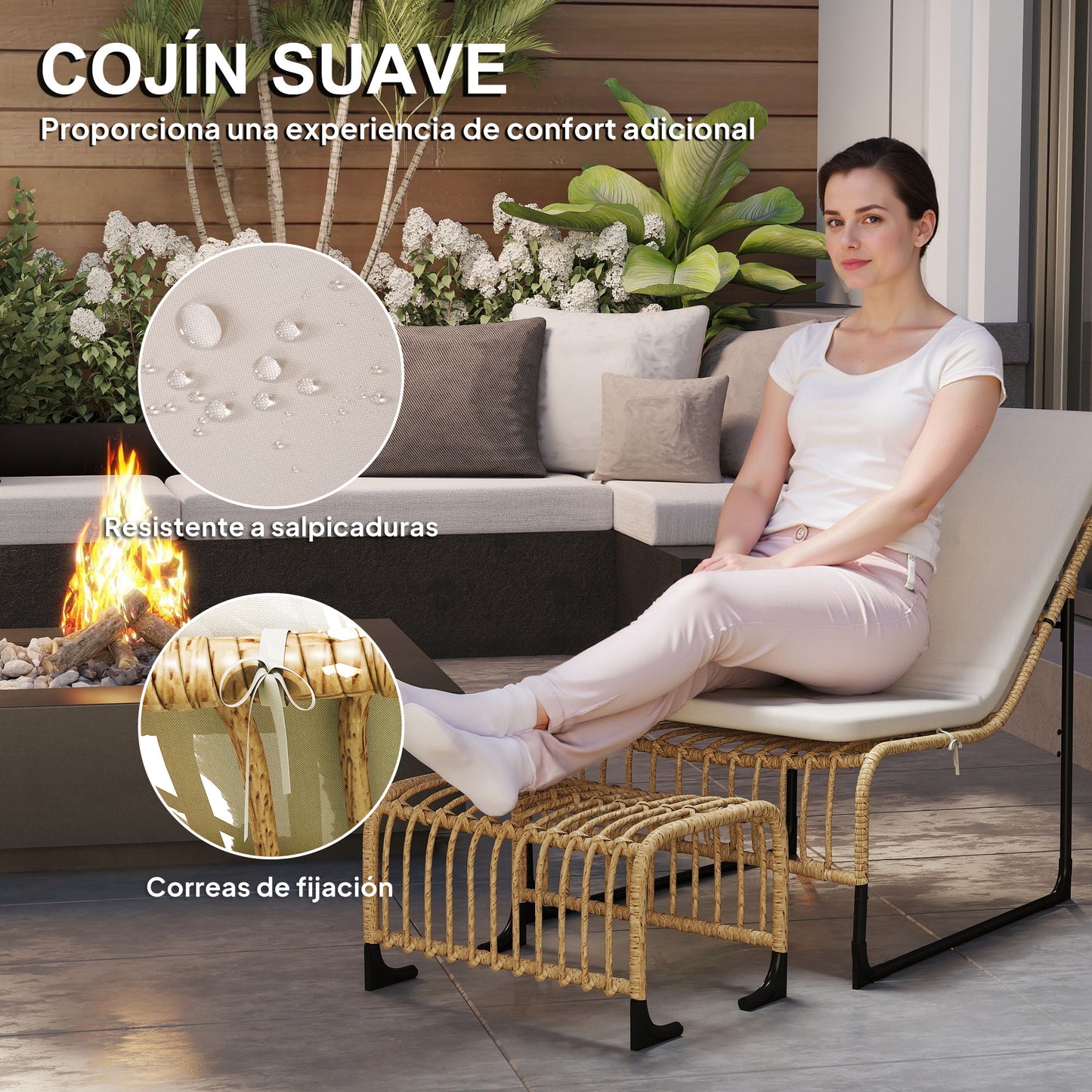 Outsunny Conjunto De Sillón De Jardín Con Reposapiés De Ratán Sintético Beige_5