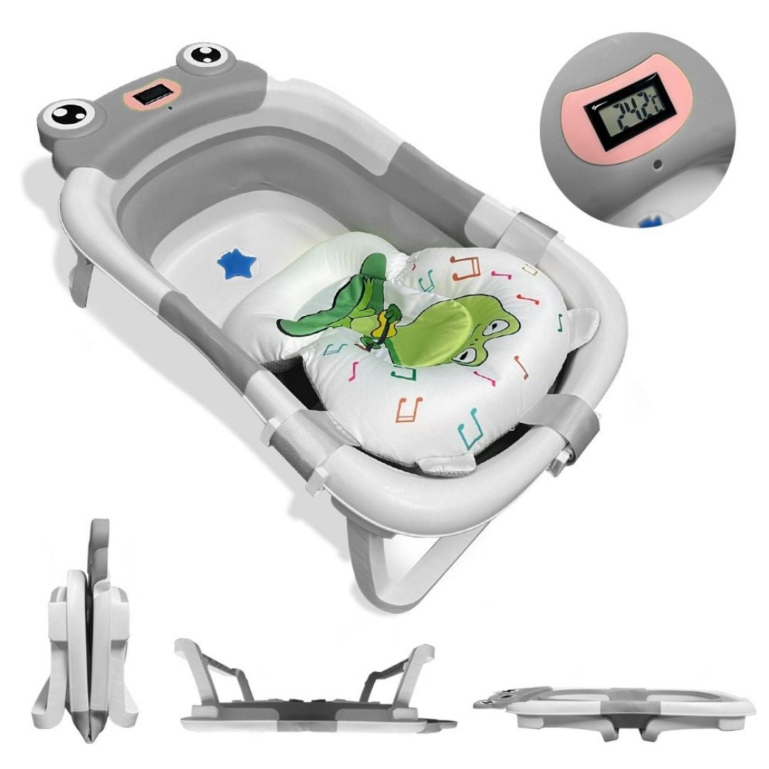 Bathby Bañera Plegable Para Bebés Recién Nacidos, Cojín Rana, Termómetro, Patas Antideslizantes (gris Rana)_0
