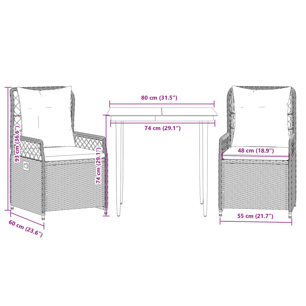 Set Comedor De Jardín 3 Pzas Cojines Ratán Sintético Gris Claro / Vetonek_1
