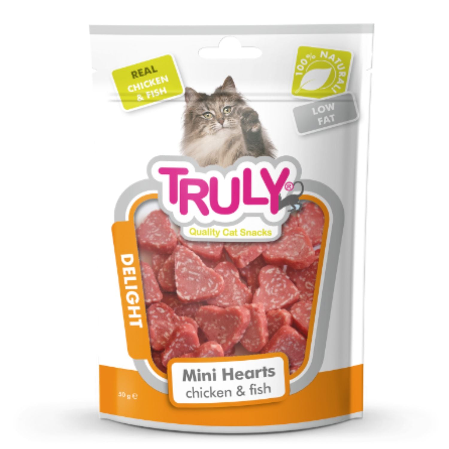 Snack Semihumedo Para Gato En Mini Corazones De Pollo Y Pescado Truly 20 Bolsas X 50 Gr