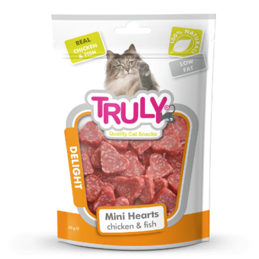 Snack Semihumedo Para Gato En Mini Corazones De Pollo Y Pescado Truly 20 Bolsas X 50 Gr