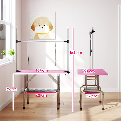 Pawhut Mesa De Peluquería Canina Plegable Con Cesta Metálica 107x60x164 Cm Rosa_2