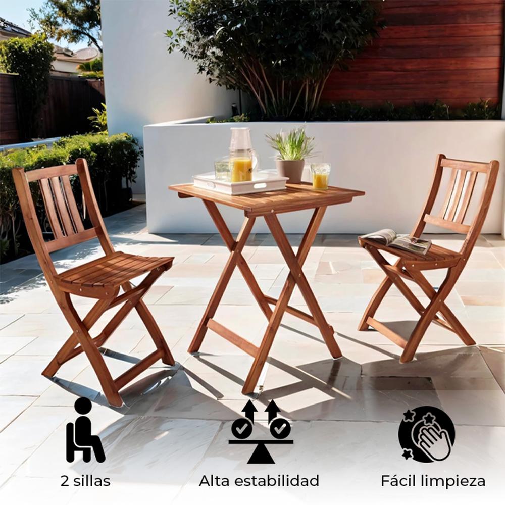 Yoevu -set De Madera De Acacia 3 Piezas, 1 Mesa Y 2 Sillas Plegables, Conjunto De Jardín Compacto Y Duradero, Ideal Para Terrazas, Balcones Y Patio_4