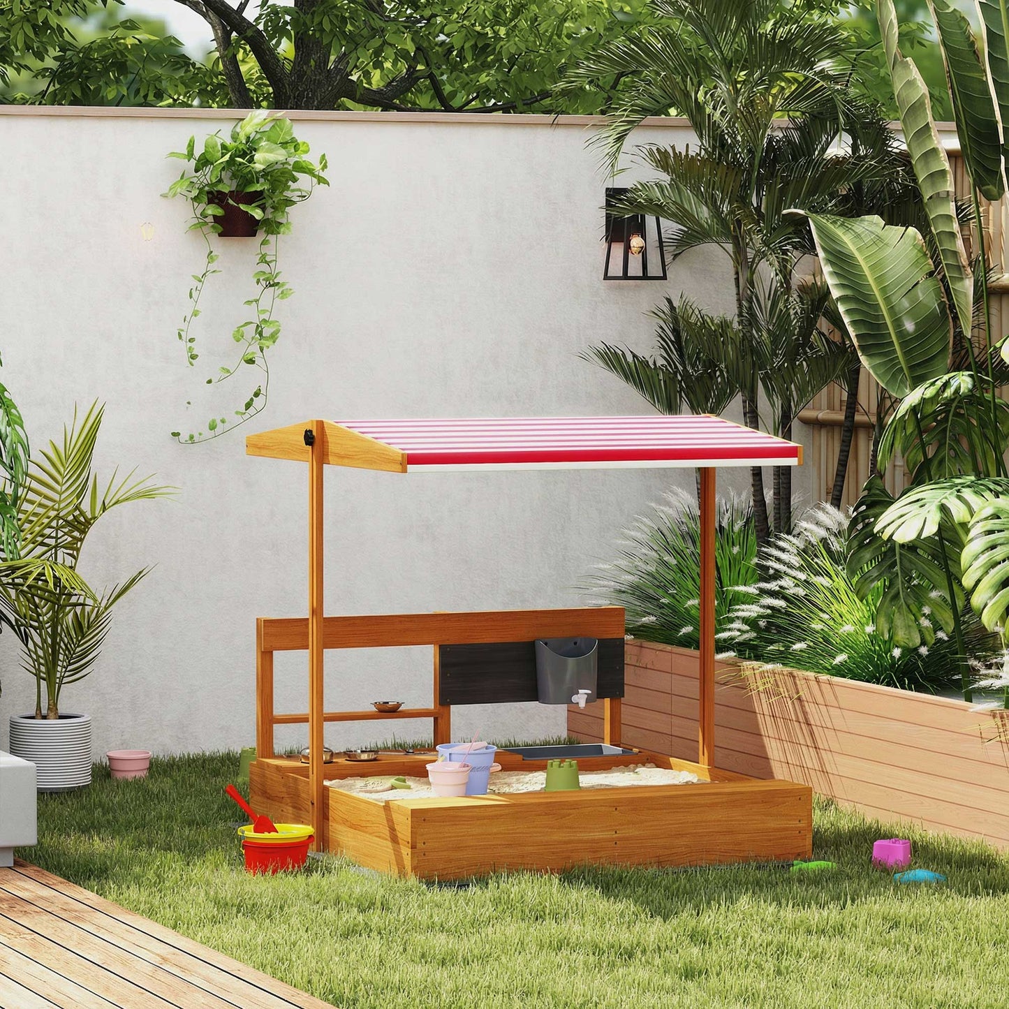 Outsunny Arenero De Madera Para Niños Con Techo Regulable 114x110x110 Cm Marrón_1