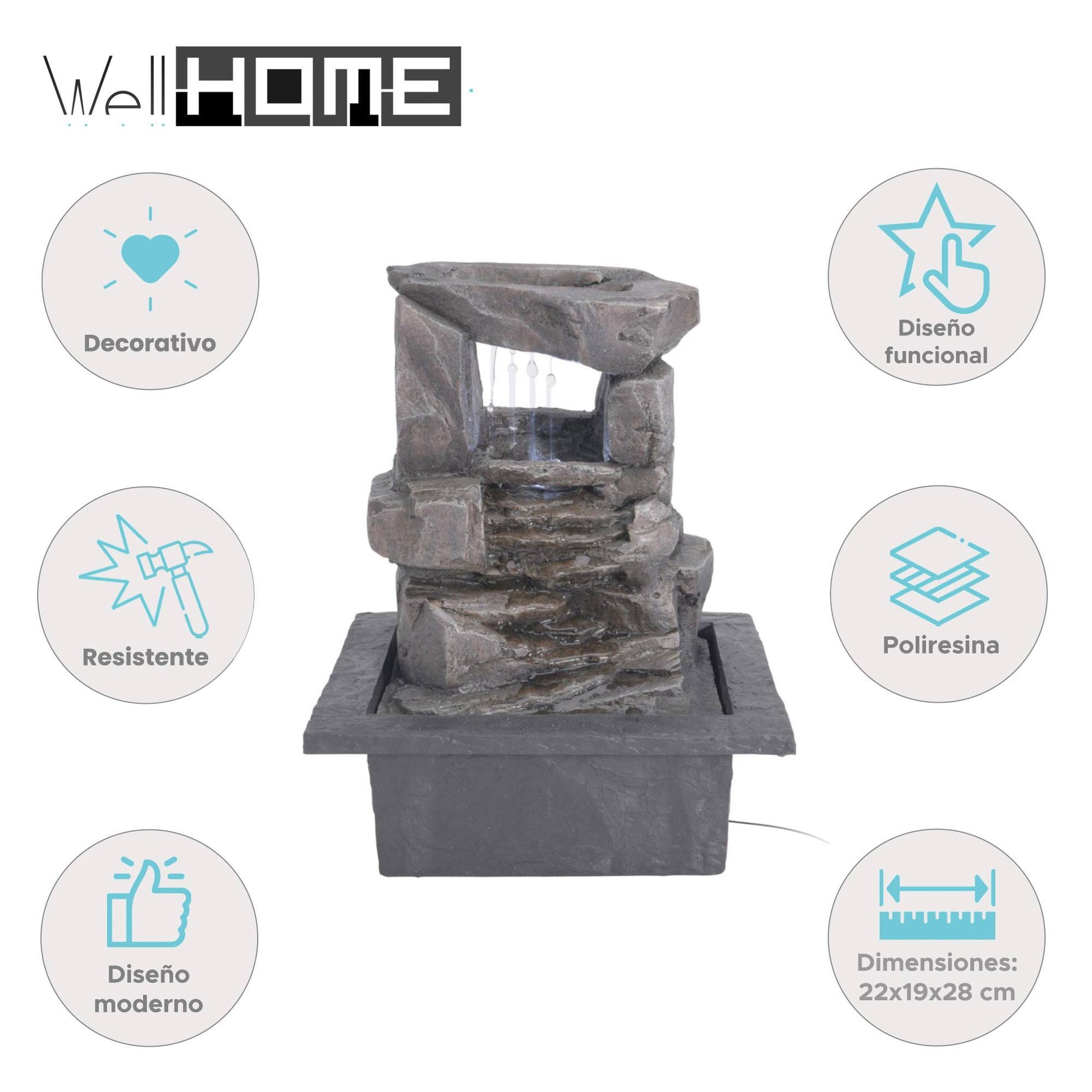 Well Home Fuente De Agua Con Diseño De 2 Piedras Y Luces Led 22x19x28cm_1