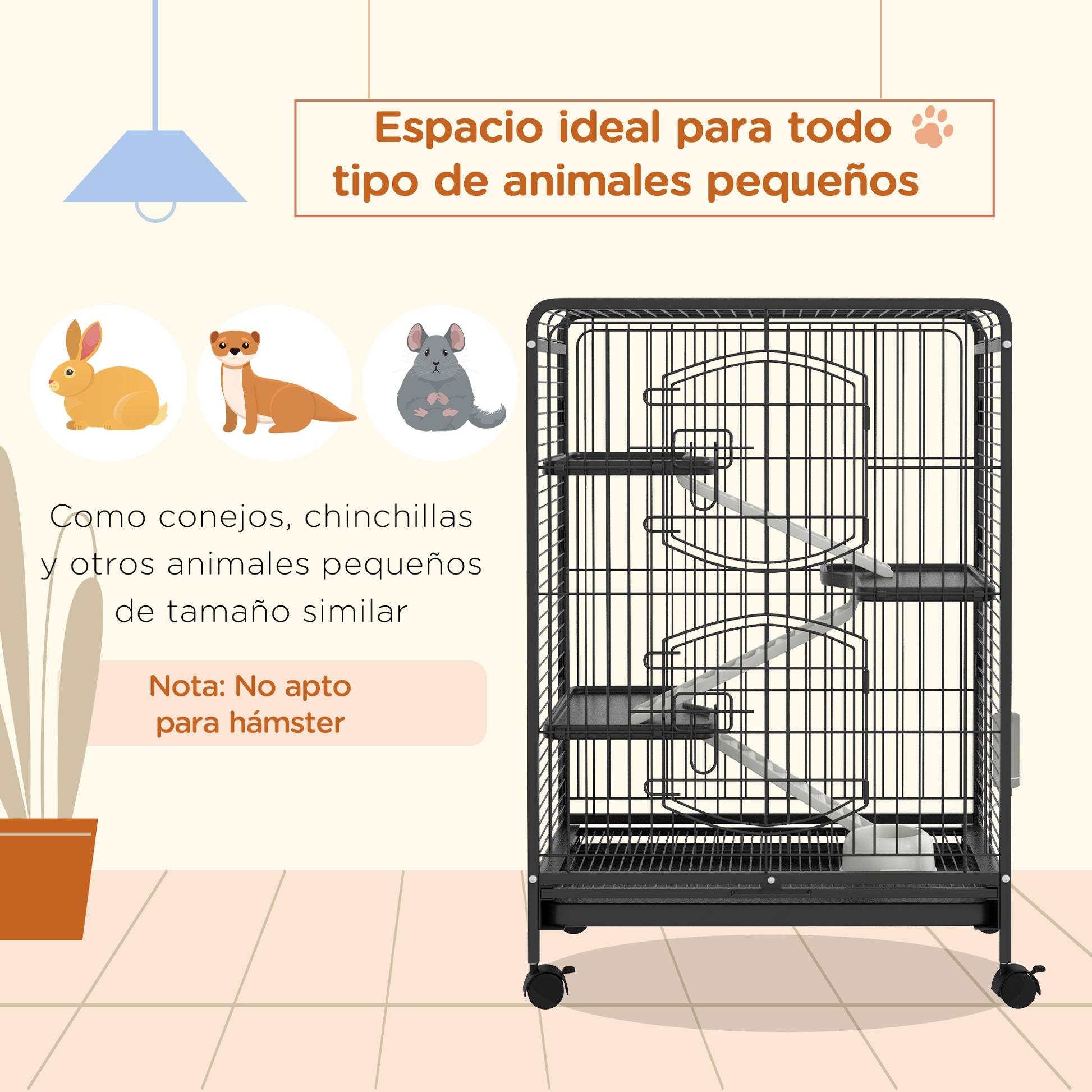 Pawhut Jaula Para Roedores Con Ruedas 61,5x44x95 Cm Comedero Bandeja Extraíble_3