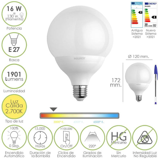 Bombilla Led Globo Rosca E27. 16 Watt. Equivale A 130 Watt. 1901 Lumenes. Luz Cálida (2700º K.)_0