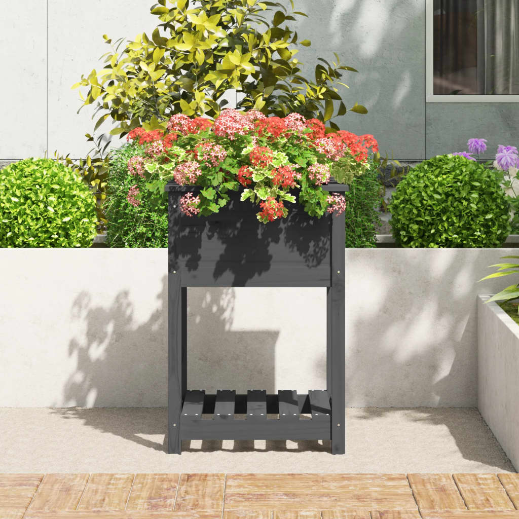 Jardinera Con Estante Madera Maciza De Pino Gris 54x34,5x81 Cm_2